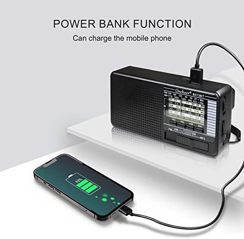 Oncheer Portable FM/AM/SW Radio, Build-In Bluetooth, alimentado por bateria recarregável com painel solar para carregamento, luz LED de emergência, antena de alongamento, suporte TF Card USB MP3 player