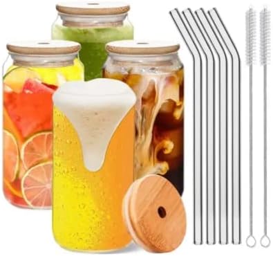 Bebendo xícaras de vidro com tampas de bambu 4 Conjunto - 16 onças de copos de vidro em forma de lata - palha Cristal e limpadores de palha - copos de cerveja, copos de café gelados, copo de copa, ideal para coquetel, uísque, presente