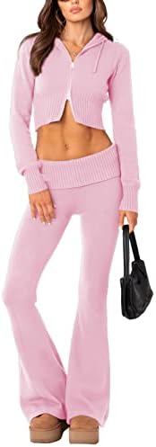 Springrain Women Rought Roupfits 2 peças Slim Fit Zip Up Sweater Dese conjuntos de calças fofas de cintura alta y2k conjuntos