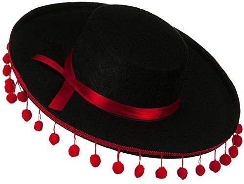 PMU Black Felt Spanish Hat W/ Pom Poms Red PKG/ 3