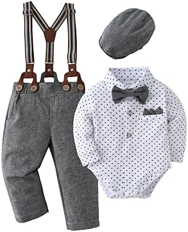 Nilikastta Baby Boy Roupos Gentleman roupas de roupas, camisas de manga longa para infantil + calças de suspensório + Bowtie + Boés Chapéu 0-18m