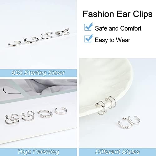 Thunaraz 925 punhos de orelha de prata esterlina para mulheres sem piercing minimalista helix cartilagem clipe de ouvido linhas duplas cruzadas de cartilagem Fake Piercing 4 estilo 4