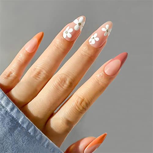 Mcrosenly Pressione unhas de unhas de amêndoa média, unhas falsas da tampa francesa de tampa francesa com design de flores