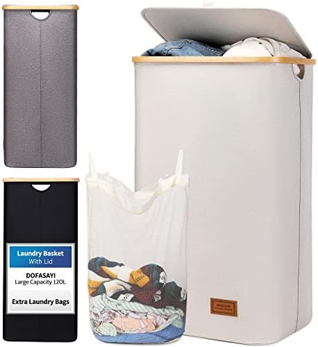 Cesta de lavanderia dofasayi, cesto de lavanderia com tampa - 120l Dirty Roupas cesto com bolsa removível - lavanderia alta com tampa - banheiro, dormitório, cesto grande para lavanderia com tampa, bege