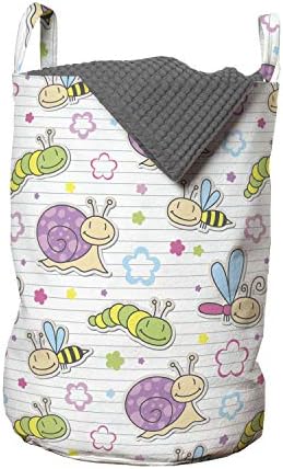 Bolsa de lavanderia de desenho animado de Ambesonne, Caterpillar Dragonfly Flowers Flores de verão com tema de verão na parte