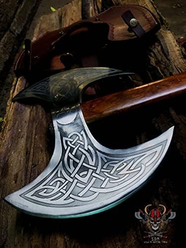 SDM personalizado feito à mão AS-018 Fantasia Viking Dupla machado gravada com maçaneta de madeira de cinzas, machado viking, machado de batalha inoxidável de lâmina dupla, acampamento, sobrevivência, ao ar livre, eixos de cop de madeira, marrom de madeira marrom