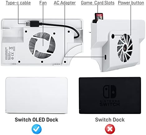 Ventilador de resfriamento FANPL para Nintendo Switch OLED, Substituição de dock de ventilador de resfriamento Compatível com estação de dock OLED, simples de usar, dissipação de calor, refrigerador de luz LED azul com cabo tipo C - branco