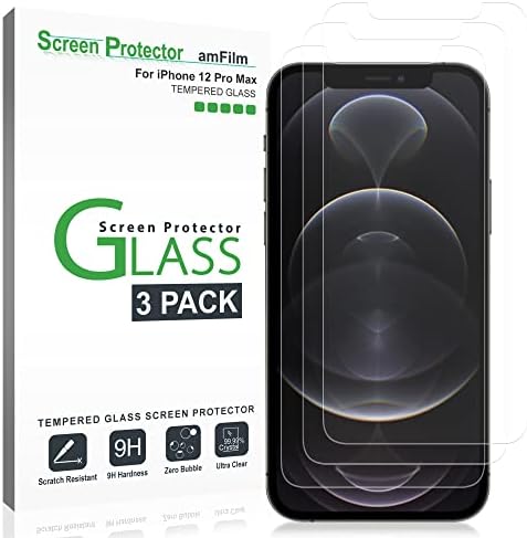 Protetor de tela de vidro AMFILM Compatível para iPhone 12 Pro Max 6.7 Display, 2020, com fácil bandeja de instalação, vidro temperado, 3 pacote