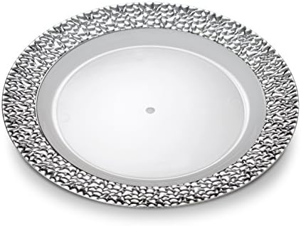 [8 contagem - placas de 7 polegadas] Laura Stein Designer Tableware Premium Plástico Plastwweight Plastic White Apertizador - Placas de salada com borda prateada, festa e placa de casamento, série Glitz, pratos descartáveis