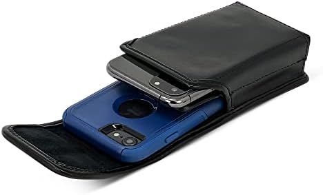 USA Feito o coldre de telefone duplo carrega 2 telefones médios - bolsa vertical de couro preto com clipe de cinto de rotação pesado, fabricado nos EUA
