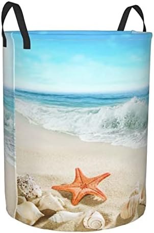 Cascas de lavanderia de estrelas do mar de conchas de praia, alça de banda de desgaste à prova d'água, cesta de lavanderia para quarto e lavanderia