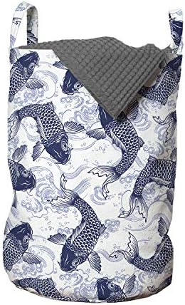 Bolsa de lavanderia de peixe de Ambesonne, carpa japonesa Koi Wave Padorn Ancestral Animais Cultura, cesto de cesto com alças Fechamento de cordão para lavanderia, 13 x 19, Branco Azul escuro