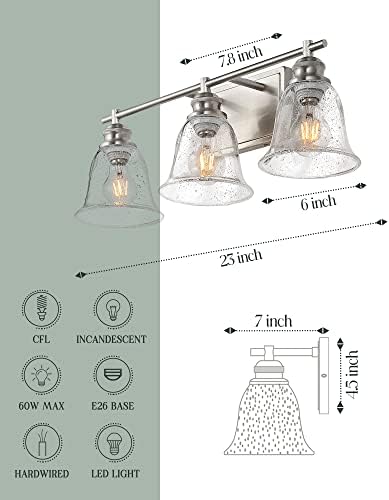 Vaidade do banheiro de 3 luzes YKLitg, BD007-3-BK, luminárias de banheiro de níquel escovado com tons de vidro semeados, BD008-3-BN
