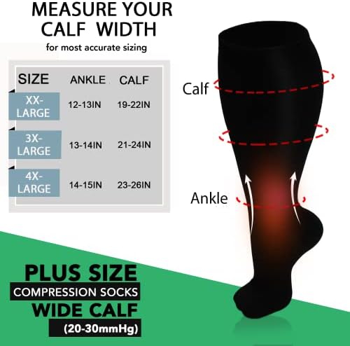 Get-FA 3 Pares Plus Size Meias de compressão para mulheres e homens bezerro largo 20-30mmHg Suporte extra de joelho extra grande para circulação