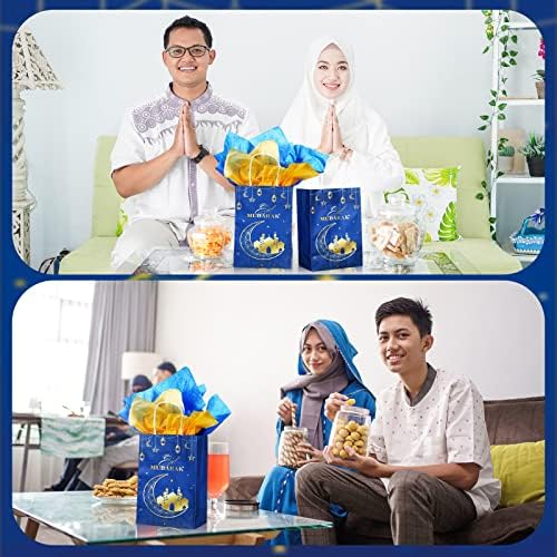 12 pacotes Eid Mubarak Sacos de presente com papel de papel Ramadã Sacos de tratamento com alça para Goodie Candy Eid Mubarak