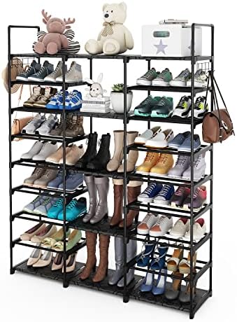 O organizador de armazenamento de cano de sapatos Yahao 9 camadas possui 50-55 pares de sapatos de metal para armário de entrada, prateleira de sapato de economia de espaço empilhável com ganchos preto