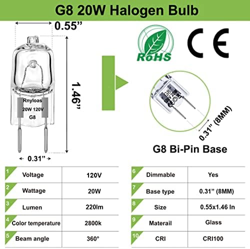 Bulbo G8, 12pcs G8 Bulbo de halogênio 20W 120V Alta saída 220lm, T4 G8 Xenônio de qualidade premium de qualidade