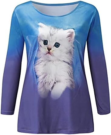 Kcjgikpok feminino gato fofo estampado camisa longa de manga longa moda redonda pullover de moletom tampos casuais blusas soltas