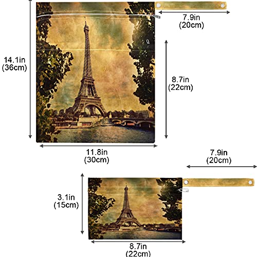 VISESUNNY EIFFEL TOWER1 2PCS SACO molhado com bolsos com zíper bolsa de fraldas lagarta lavável para viajar, praia, creche, carrinho, fraldas, roupas de ginástica sujas, roupas de banho molhadas, produtos de higiene pessoal