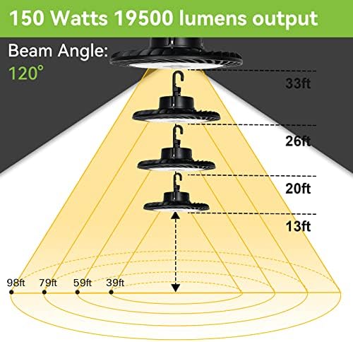 Hykolity UFO LED High Bay Light 150W, 19.500lm 0-10V Cabo preto 5000k 5 'com plugue dos EUA, [250W/400W MH/HPS equiv.] 100-277V, Luz da área de armazém comercial para localização úmida