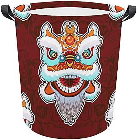Bolsa de lavanderia de dança da cabeça de leão chinesa com alças cestas de armazenamento à prova d'água de alças redondos dobráveis ​​16,5 x 17,3 polegadas