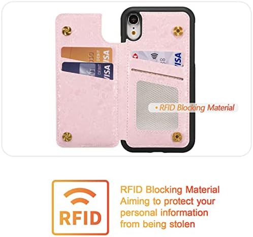 Caixa da carteira UEEBAI para iPhone XR com porta -cartas, capa de couro PU Kickstand RFID bloqueando o clasco magnético duplo rilievo capa à prova de choques para mulheres - Pansy