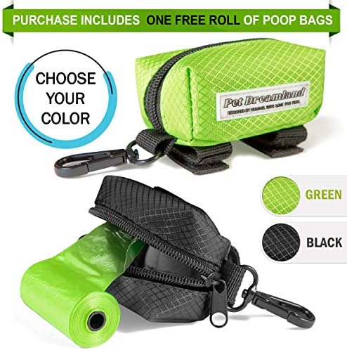 Pet Dreamland Dog Bag Dispenser - Pet Waste Bag titular Faciação de trela - Inclui um rolo grátis de sacos de cocô - bolsa com zíper, alças de gancho e loop e clipe de carabineiro para facilitar o transporte