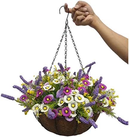BO LALA Decoração em casa, pendurar cesto florpot Flowerpot Fake Lavanda Artificial Daisy Purple e Flores de seda branca