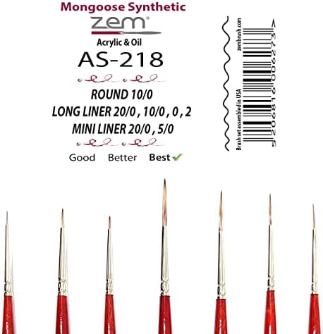 Brush Zem Mongoose Liners sintéticos Rodadas de detalhes em miniatura Conjunto de pincéis 7 PCs | Óleo de acrílico e