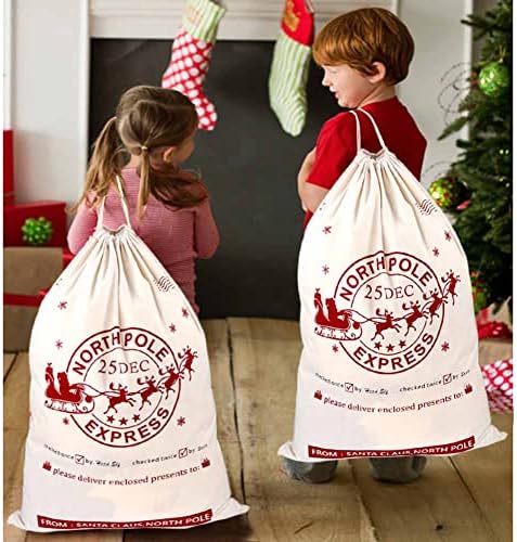 Sacos de lona de saques de santa 2pcs de 2pcs com cordas grandes sacolas de Natal sacolas para presentes Presentes de armazenamento 19 x 27 polegadas
