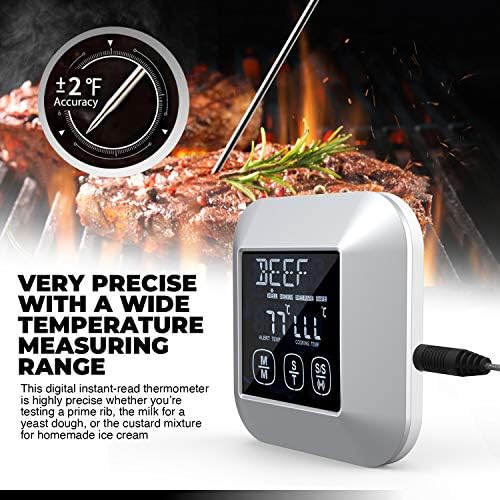 Termômetro de cozinha digital da tela de toque para peixe de aves de carne | Sonda com fio longo cozinhando em frigideira fumante