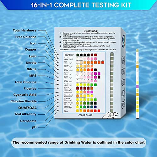 16 em 1 kit de teste de água potável | Tiras de alta sensibilidade detectam pH, dureza, cloro, chumbo, ferro, cobre, nitrato, nitrito