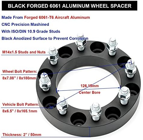 Vlaoschi preto forjado 8x6,5 espaçadores de rodas 2 polegadas 9/16 Studs compatíveis com Dodge 8 LUG para 1994-2010