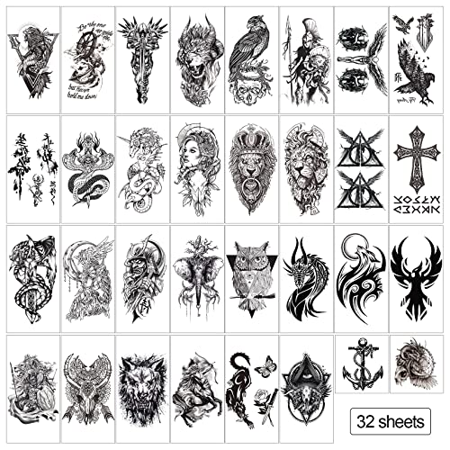 Cuteliili Halloween Tatuagem temporária 32 lençóis, meia manga para homens mulheres e crianças, preto realista meio