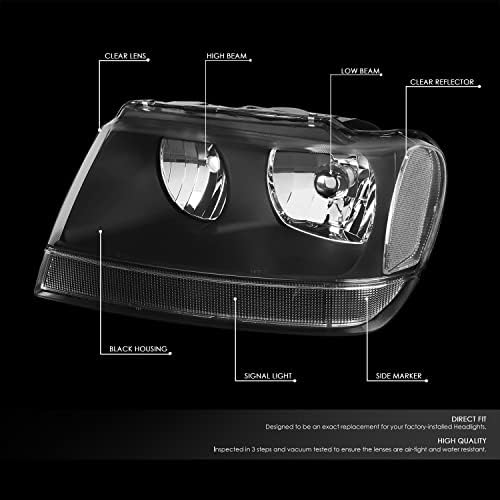 Compatível com 99-04 Jeep Grand Cherokee WJ Habitação preta Faróis de canto limpo/lâmpadas+9006 LED Kit de conversão