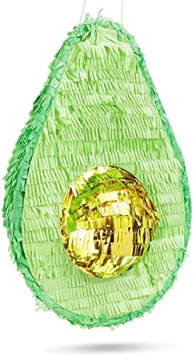 Pinata de abacate para decorações de festas de Cinco de Mayo, material de festa de aniversário, com rótulo de preenchimento fácil de cortar, loop superior, franjas de papel alumínio verde e dourado