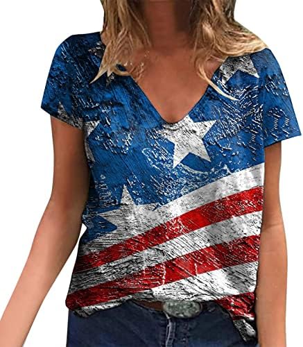 American Flag Shirt Womens 4 de julho Camiseta patriótica feminina v listras de estrela do pescoço EUA Tops gráficos casuais básicos 2023