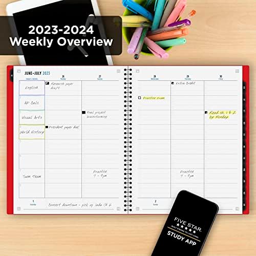 Five Star 2023-2024 Planejador Acadêmico + Estudo App, Planejador Aluno Avançado Semanal e Mensal com Guarda Spiral, 8-1/2 x 11, grande, Red de fogo