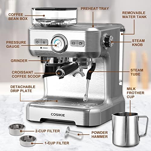 Máquina de café expresso com moedor, máquina de café expresso semi -automática com frother de leite a vapor, Cosikie, tudo em uma