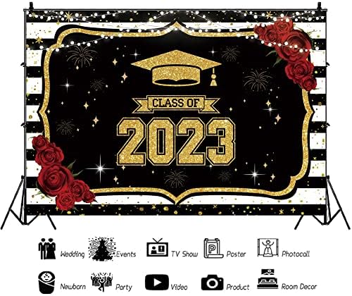 HILIOENS 7 × 5ft classe de 2023 Caso -pano de fundo de graduação Gold Cap parabéns Decorações de festas de formatura Banner