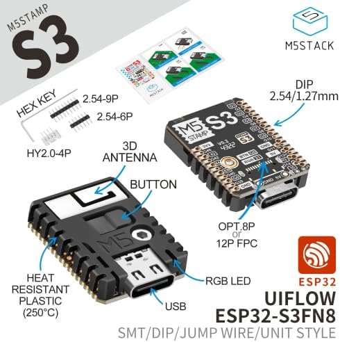 MakerFocus 2PCS M5STack M5STAMP ESP32S3 Módulo ESP32-S3FN8 Placa de desenvolvimento programável Wi-Fi Bluetooth Dual Modo