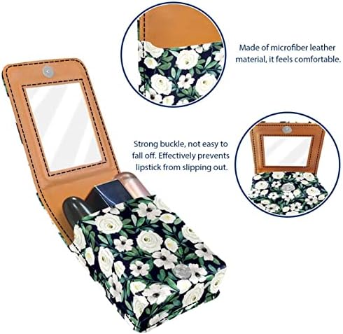 Mini maquiagem de Oryuekan com espelho, bolsa de embreagem Leatherette Lipstick Case, Flor Pastorável Branca Rosa Floral Vintage