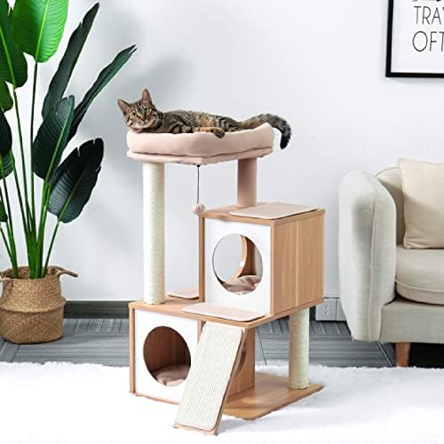 Cat Tree Sisal arranhando pós -gatinho mobiliário luxuoso Playhouse de condomínios com brinquedos pendentes Centro de atividades de gatos