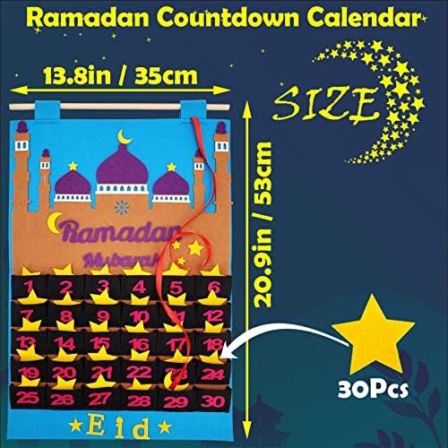 Decorações da contagem regressiva do calendário do Ramadã Eid Mubarak 2022 com 30 estrelas Crescentes reutilizáveis ​​paredes penduradas
