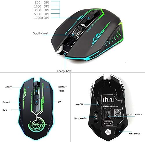 Mouse de jogos sem fio Uhuru recarregável, até 10000dpi, 6 botões programáveis, 7 coloridos, 2,4g de led USB RGB mouse sem fio