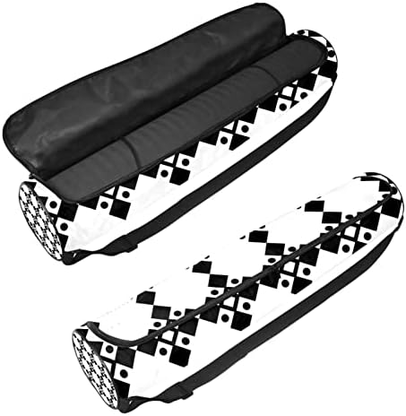 Bolsa de tapete de ioga unissex, transportadora de tapete de ioga com exercícios com alça ajustável de ombro preto e branco repetindo o padrão quadrado geométrico JPG