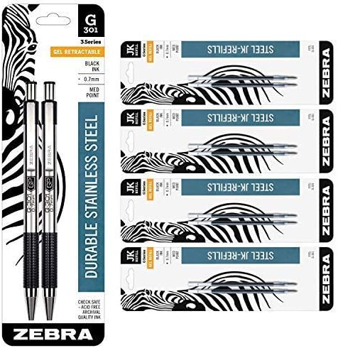 Caneta de gel de aço inoxidável Zebra Pen G-301, ponto médio, 0,7 mm, tinta preta, pacote de 2 contagens com reabastecimento de caneta de 8, 0,7 mm
