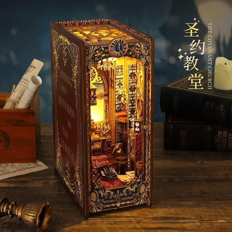 LIVRO LIVRO NOOK KIT 3D Puzzim de madeira da igreja Cena de livros Decorativa Inserção de estante de livros para adultos,