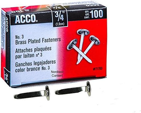 ACCO Brass Paper Fasteners, 3/4 , banhado, 1 caso, 20 caixas/caixa, 100 prendedores/caixa