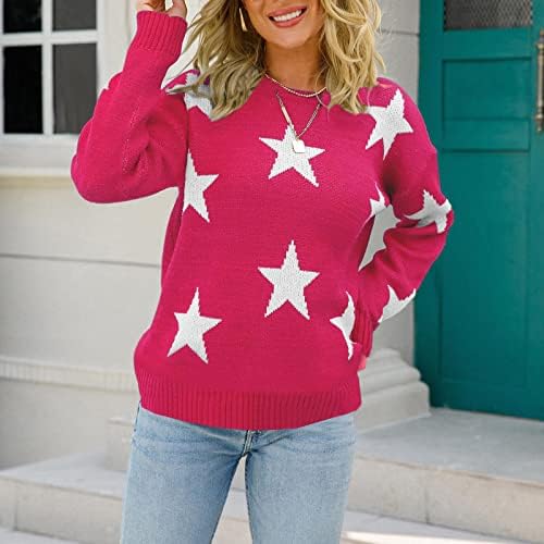 Suéter plus size para mulheres pullover de pescoço de tripulação molhas de manga comprida camisas de malha estrelas